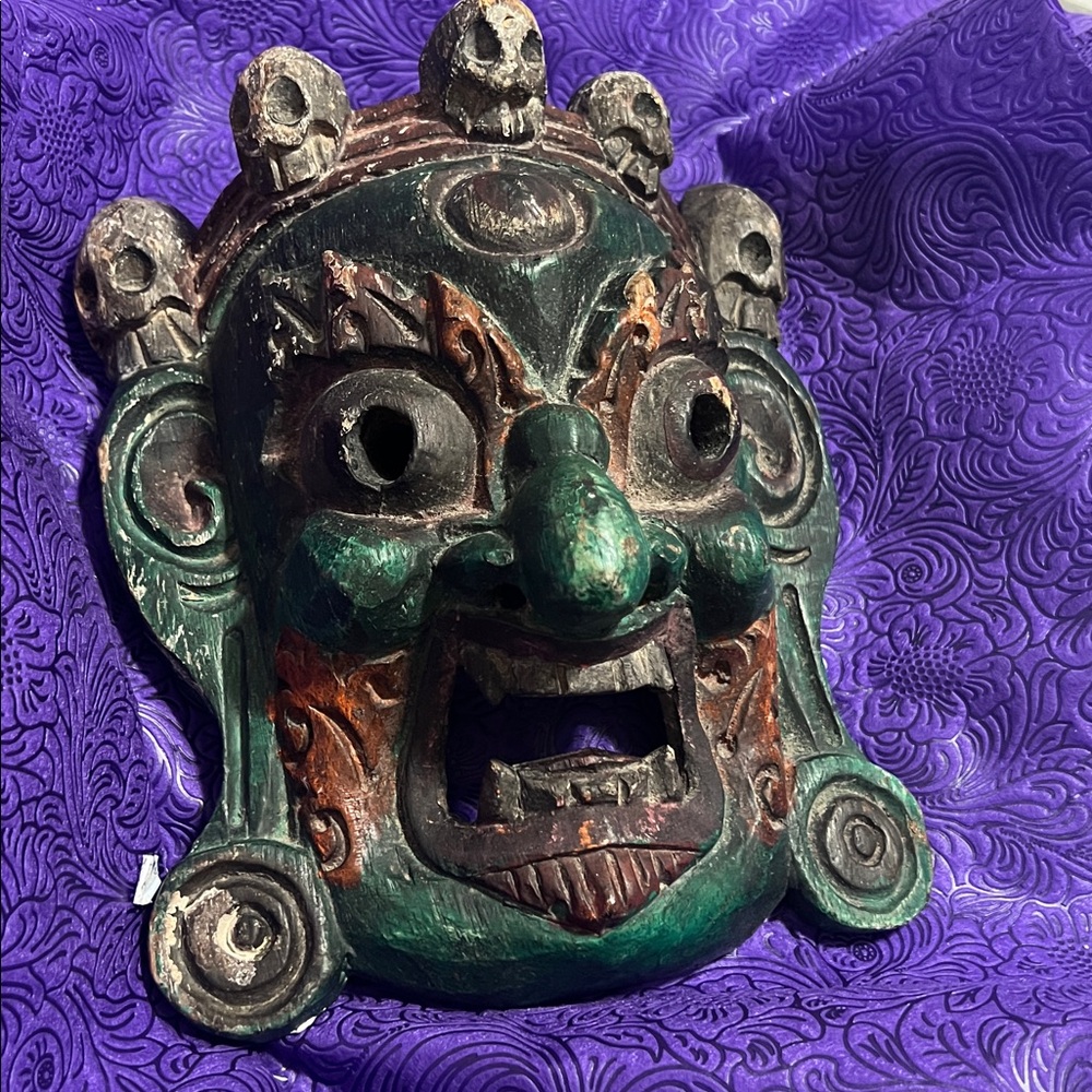 Intricate Green and Black Decorative Vintage wood mask